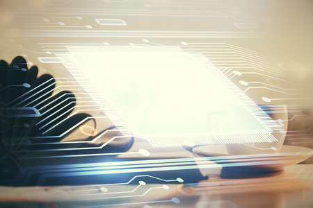Double exposure of technology theme drawing and desktop with coffee and items on table background....