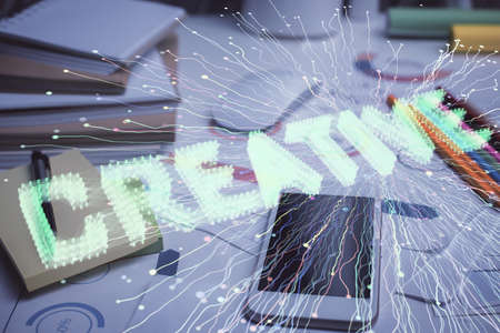Double exposure of creative drawing over cell phone background. Concept of start upの写真素材