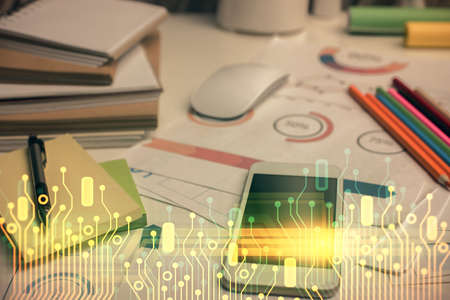 Double exposure of data theme drawing and mobile phone background. Concept of innovation