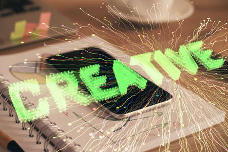 Double exposure of creative drawing over cell phone background. Concept of start upの写真素材