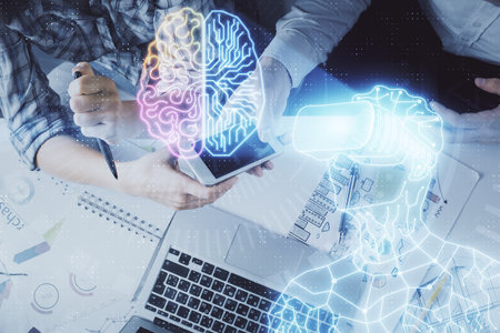 Double exposure of human hologram in VR glasses drawing and man and woman working together holding and using a mobile device. Education conceptの写真素材