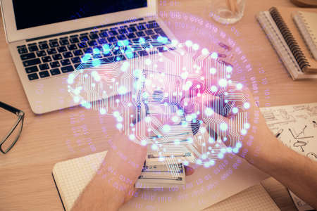 Multi exposure of brain drawing hologram and us dollars bills and man hands. Ai invest concept