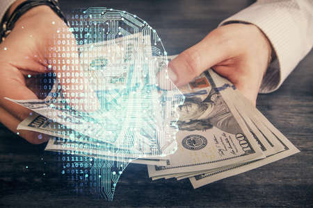 Multi exposure of brain drawing hologram and us dollars bills and man hands. Ai invest conceptの写真素材
