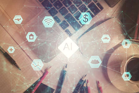 Double exposure of data drawing hologram over topview of study desk background with computer....