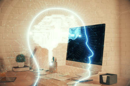 Double exposure of brain drawing and office interior background. Concept of data technology.