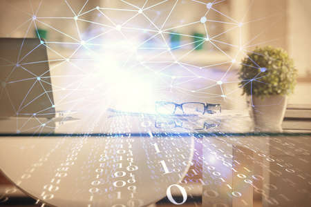 Multi exposure of data theme drawing and office interior background. Concept of technology.の写真素材