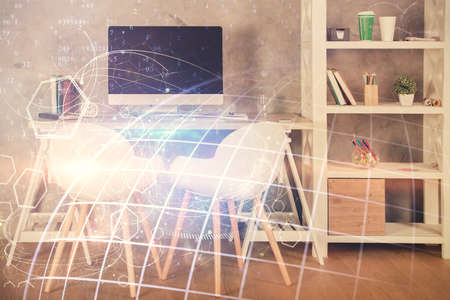 Multi exposure of world map drawing and office interior background. Concept of international network.の写真素材