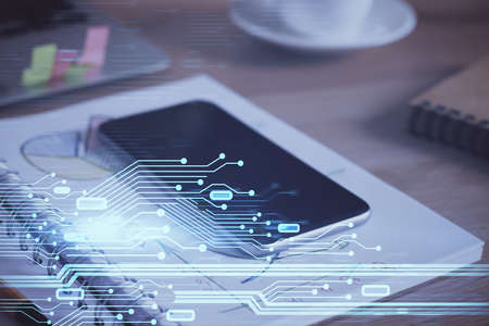 Double exposure of data theme drawing and mobile phone background. Concept of innovation