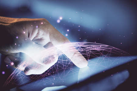 Double exposure of man's hands holding and using a phone and social network theme drawing.