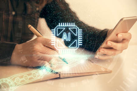 Double exposure of technology sketch hologram and woman holding and using a mobile device.
