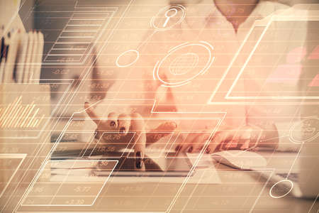 Double exposure of technology sketch hologram and woman holding and using a mobile device. Ai...