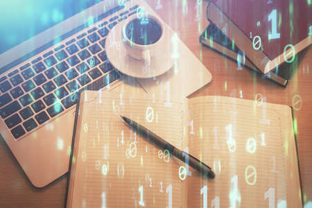 Multi exposure of data theme drawing hologram over topview work desk background with computer....