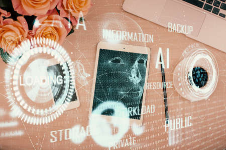 Multi exposure of technology theme drawing over work table desktop. Top view. Global data analysis concept.の写真素材