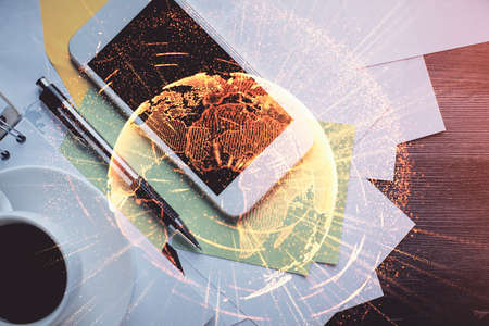 Double exposure of social network theme drawing over table with phone. Top view. People connecting...