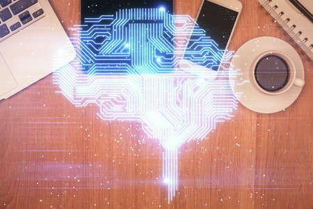 Multi exposure of brain drawing over work table desktop. Top view. Global data analysis concept.