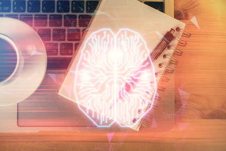 Double exposure of brain sketch and table top veiw. Concept of data analysis.の写真素材
