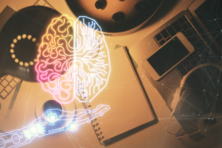 Double exposure of brain sketch and table top veiw. Concept of data analysis.の写真素材