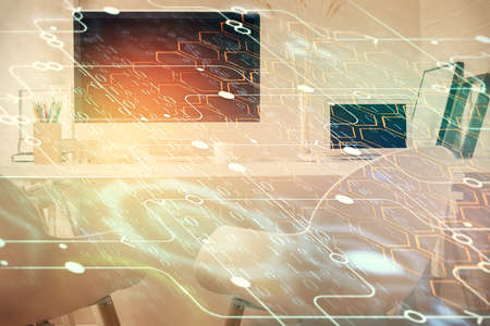 Double exposure of data theme drawing and office interior background. Concept of technology.の写真素材