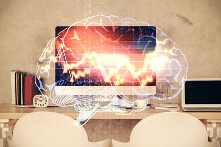 Multi exposure of brain drawing and office interior background. Concept of data technology.