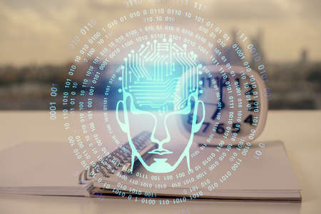Multi exposure of brain drawings and desk with open notebook background. Concept of AI