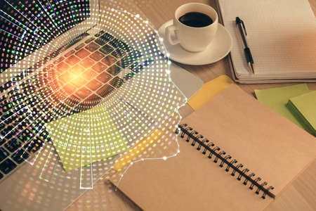 Double exposure of brain drawing and desktop with coffee and items on table background. Concept of...