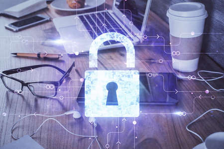 Double exposure of lock drawing and cell phone background. Concept of information security