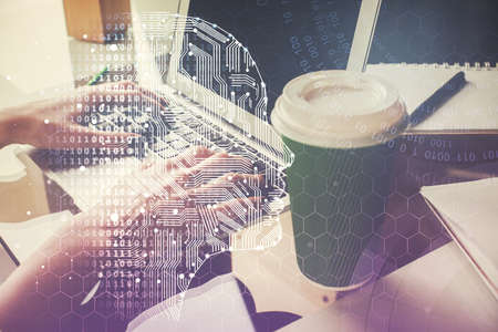 Double exposure of woman hands working on computer and brain hologram drawing. Ai concept.の写真素材