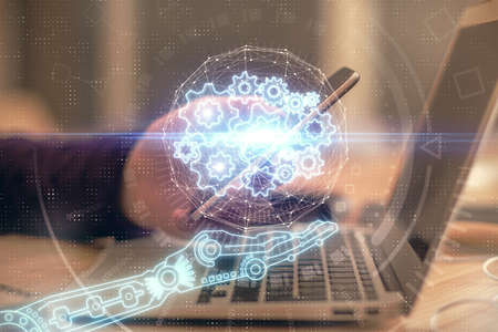 Multi exposure of man's hands holding and using a digital device and data theme drawing. Innovation concept.の写真素材