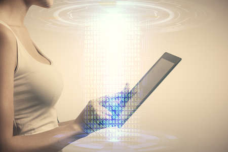 Double exposure of technology sketch hologram and woman holding and using a mobile device.
