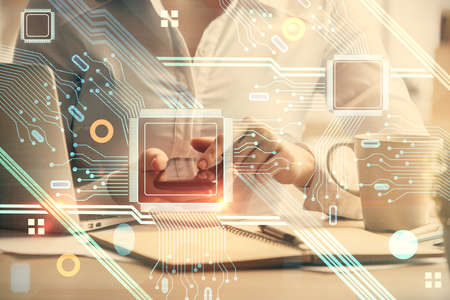Double exposure of technology sketch hologram and woman holding and using a mobile device. Ai...