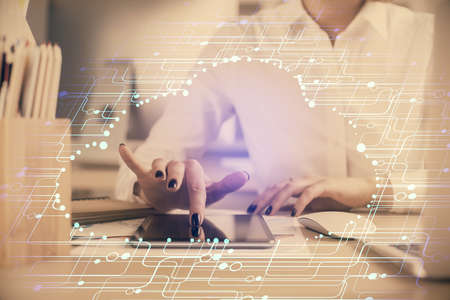 Double exposure of technology sketch hologram and woman holding and using a mobile device. Ai conceptの写真素材