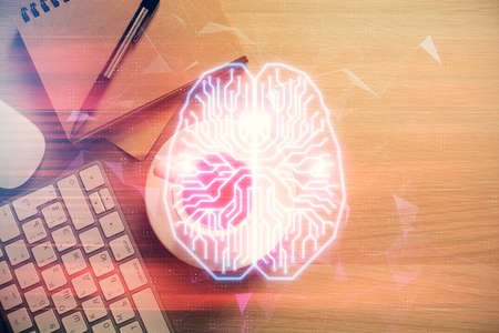 Double exposure of brain sketch and table top veiw. Concept of data analysis.