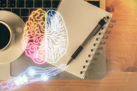 Double exposure of brain sketch and table top veiw. Concept of data analysis.