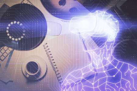 Double exposure of AR glasses drawing and work table top veiw. Concept of virtual reality.