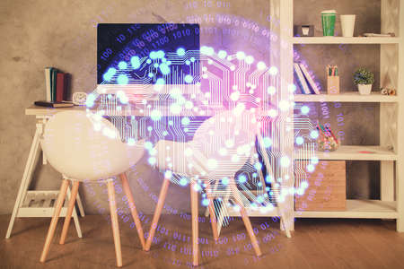 Multi exposure of brain drawing and office interior background. Concept of data technology.