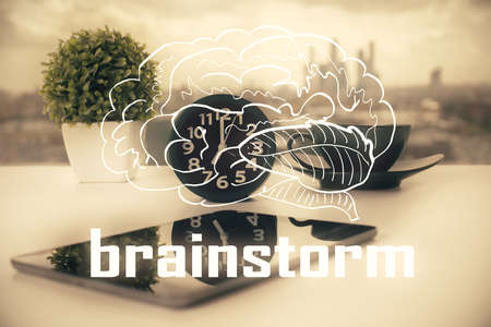 Double exposure of creative drawing over cell phone background. Concept of start upの写真素材