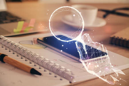 Double exposure of creative drawing over cell phone background. Concept of start up