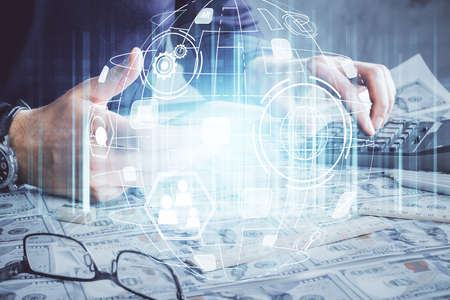 Double exposure of man's hands holding and using a phone and social network theme drawing.