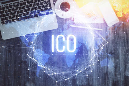 Blockchain theme hologram drawings over computer on the desktop background. Top view. Double exposure.の写真素材