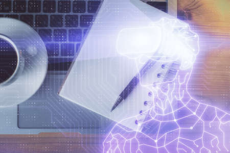 Double exposure of AR glasses drawing and work table top veiw. Concept of virtual reality.