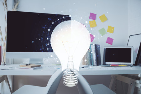 Double exposure of bulb and office interior background. Concept of idea.の写真素材