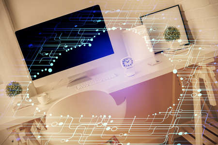 Multi exposure of data theme drawing and office interior background. Concept of technology.