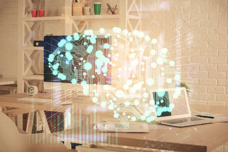 Multi exposure of brain drawing and office interior background. Concept of data technology.