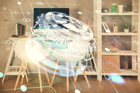 Multi exposure of data theme drawing and office interior background. Concept of technology.の写真素材
