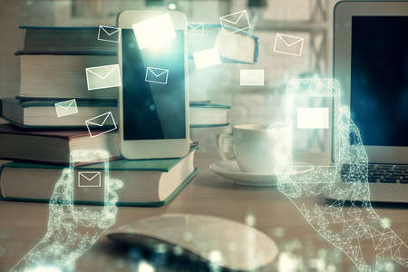 Double exposure of envelope sketch over cell phone background. Concept of smsの写真素材