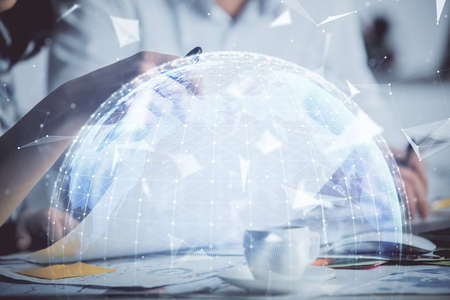 Double exposure of business theme drawing over people taking notes background. Concept of financial worldの写真素材