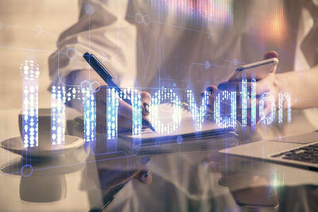 Double exposure of technology sketch hologram and woman holding and using a mobile device. Ai...