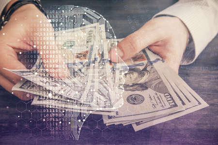 Multi exposure of brain drawing hologram and us dollars bills and man hands. Ai invest conceptの写真素材
