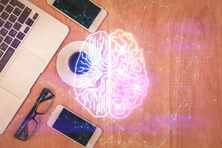 Multi exposure of brain drawing over work table desktop. Top view. Global data analysis concept.の写真素材