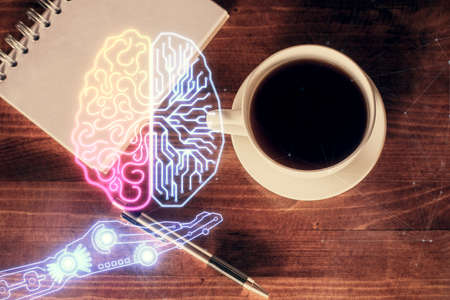 Double exposure of brain sketch and table top veiw. Concept of data analysis.の写真素材
